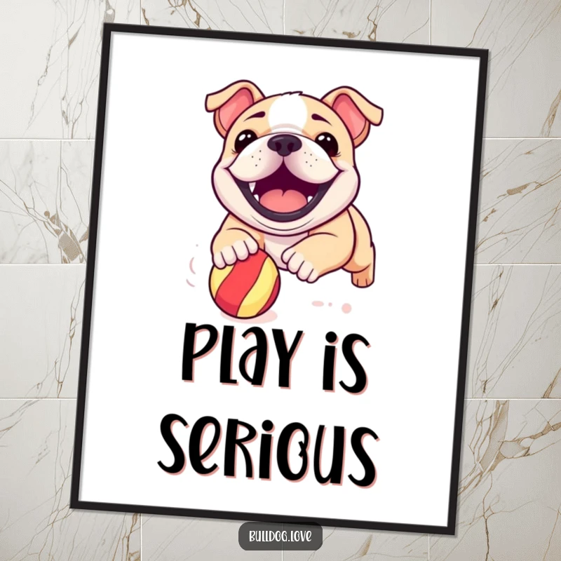 Funny bulldog pup poster capturing a dog's wide, happy grin while eagerly chasing a bouncing ball, full of life.