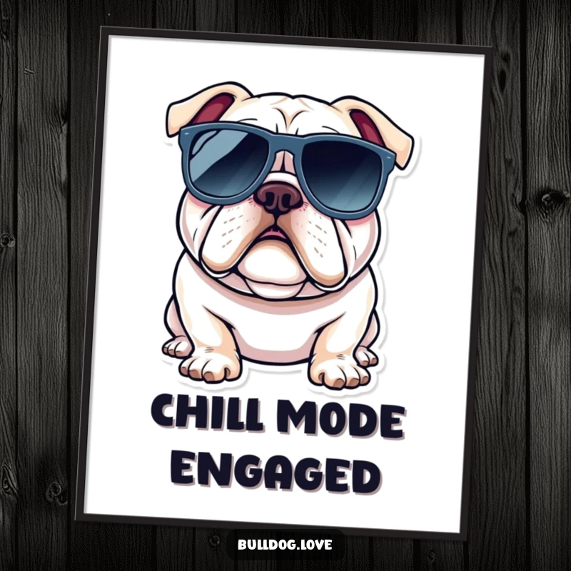Funny bulldog poster featuring a dog wearing oversized sunglasses, exuding a super cool and laid-back persona.