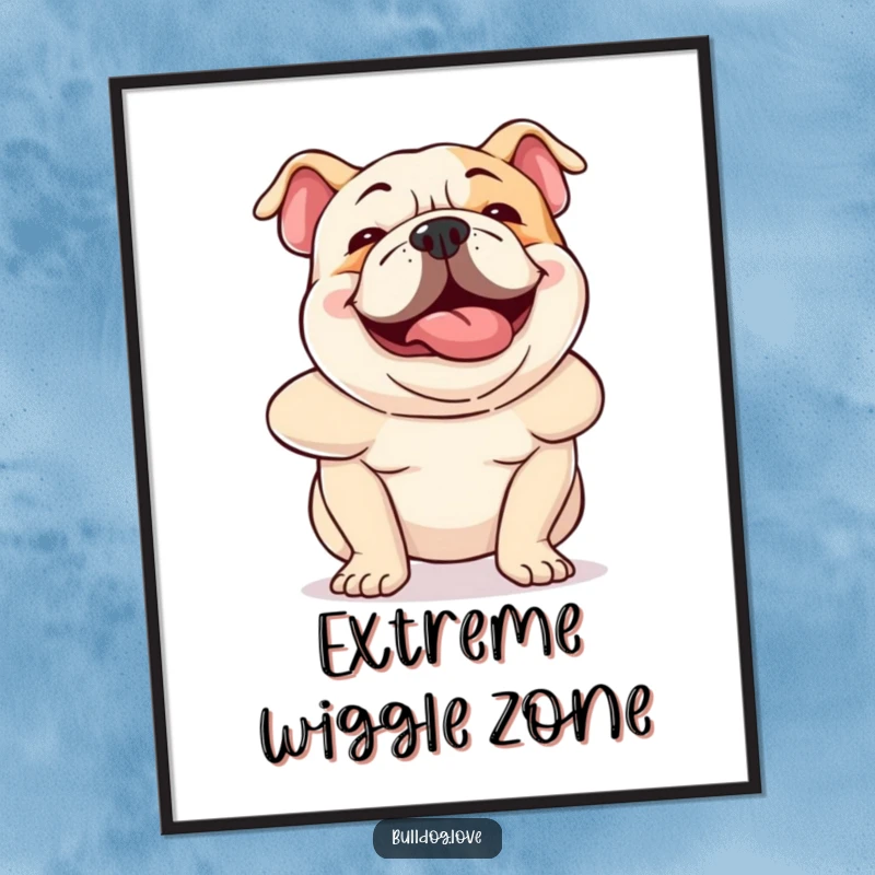 Funny bulldog poster showcasing a dog wiggling its entire body with hilarious, contagious excitement, bringing joy to any space.