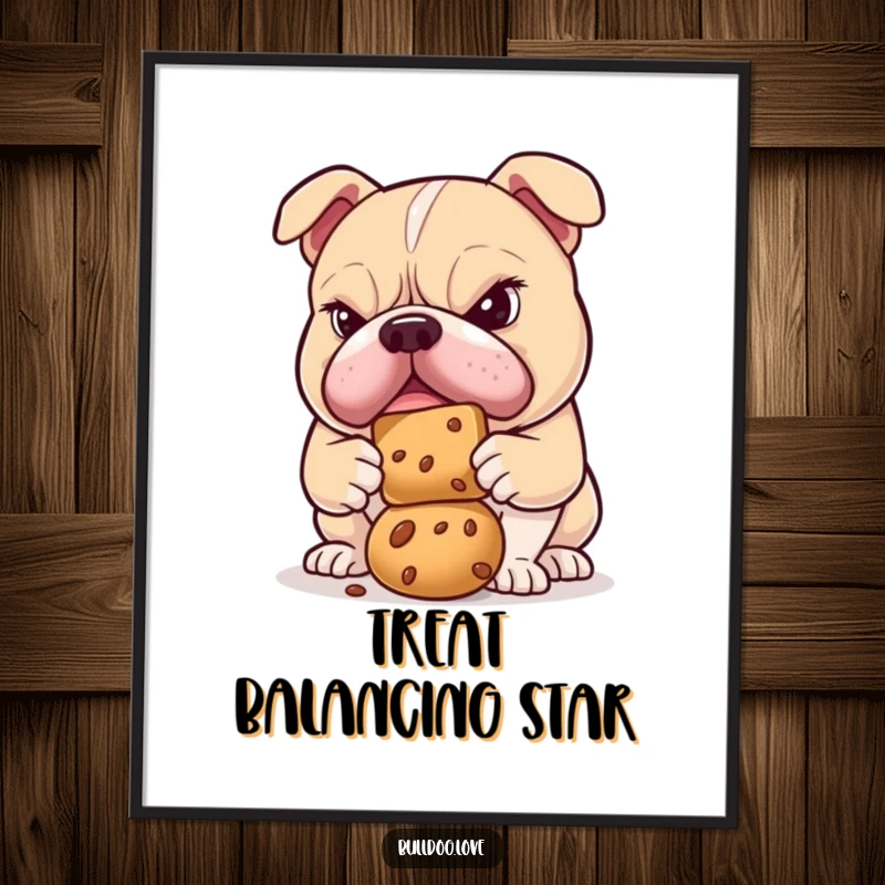 Funny bulldog poster showing a determined dog with a serious expression, attempting to balance a treat on its nose.