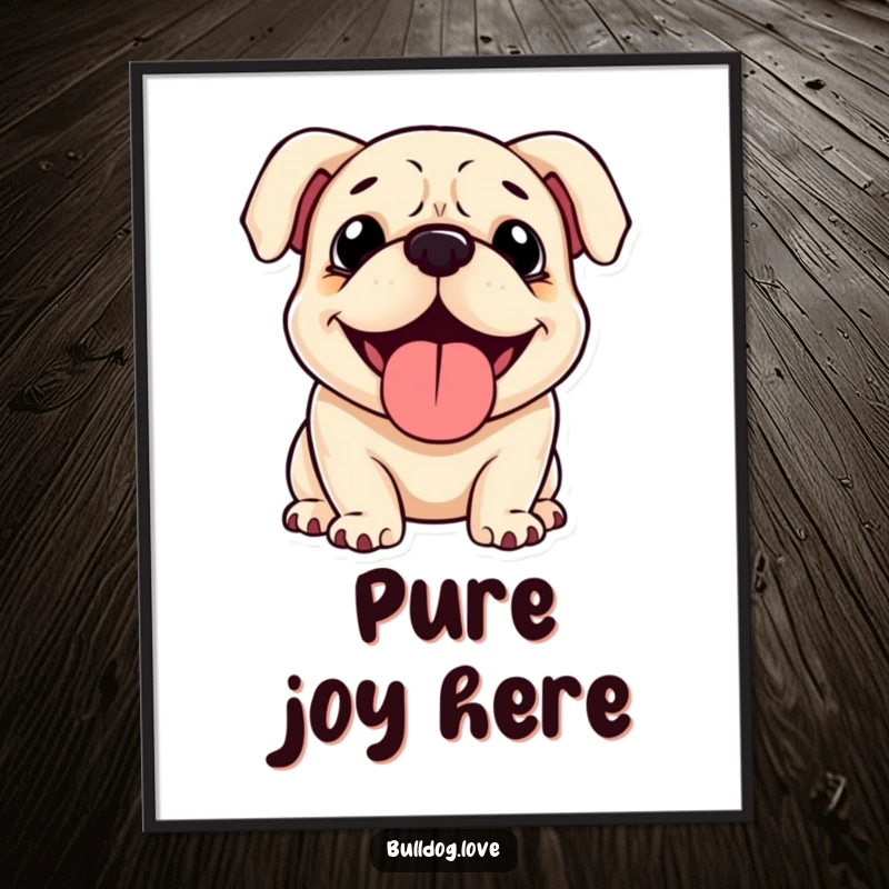 Funny Bulldog Poster: A joyful bulldog with floppy ears, panting happily with a content expression. Ideal funny gift.