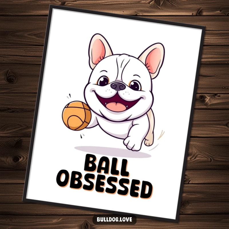 Funny kawaii bulldog poster depicting a smiling dog leaping enthusiastically after a bouncing ball, bringing playful energy to decor.