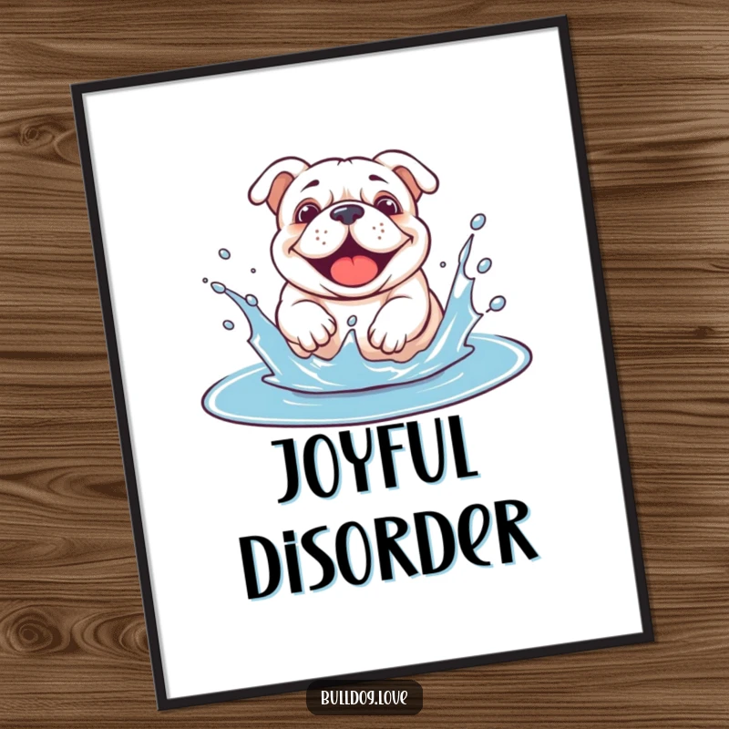 Funny bulldog puddle poster capturing a dog's ecstatic splashing with happy abandon in a puddle.