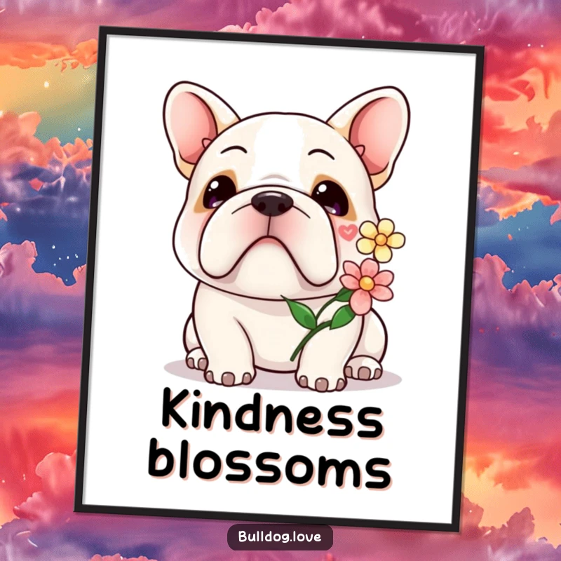 Kawaii bulldog flower poster capturing a cute dog’s gentle smile while offering a delicate flower.