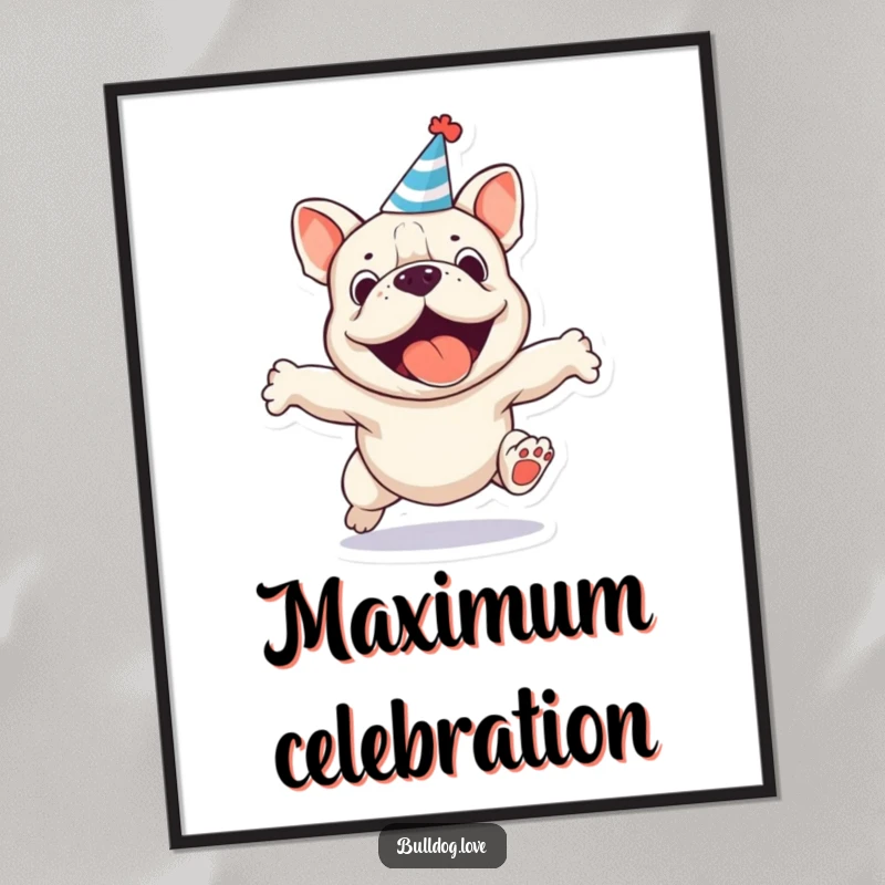 Funny party bulldog poster, high-energy action shot, dog wearing a tiny hat and jumping with glee.