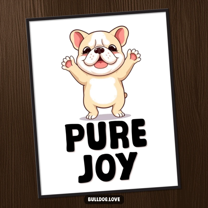 Funny poster of a delightful bulldog performing a happy dance, with its paws joyfully lifted in the air, radiating pure bliss.