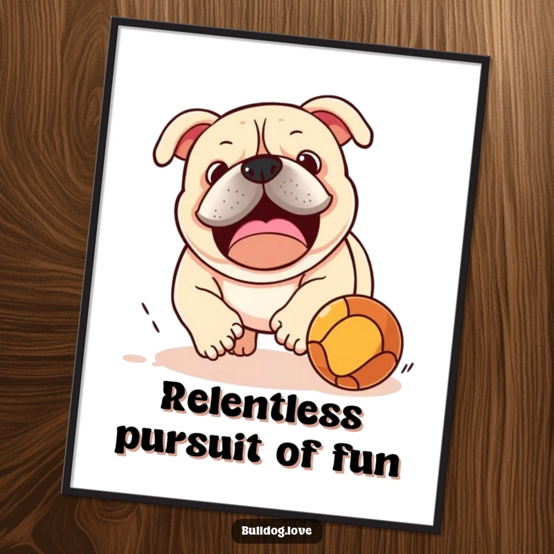Funny bulldog intensely chasing a bouncing ball, printed on a poster, conveying energetic motion and playful determination.