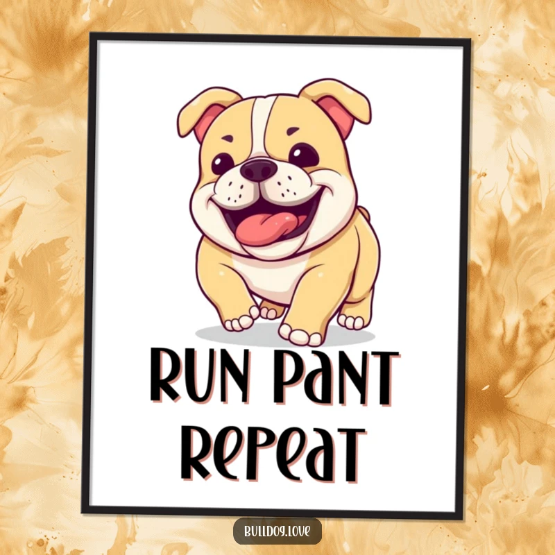 Funny bulldog poster showcasing a happy dog with slobbery jowls panting contentedly, a humorous celebration of fitness.
