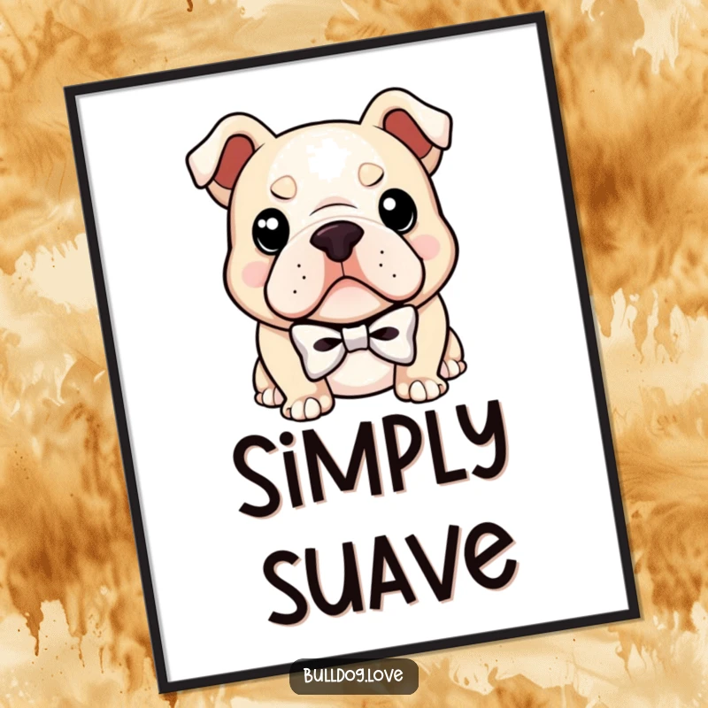 Funny poster illustration of a bulldog elegantly wearing a small bowtie, with a confident, knowing smirk, exuding pure sophistication and charm.