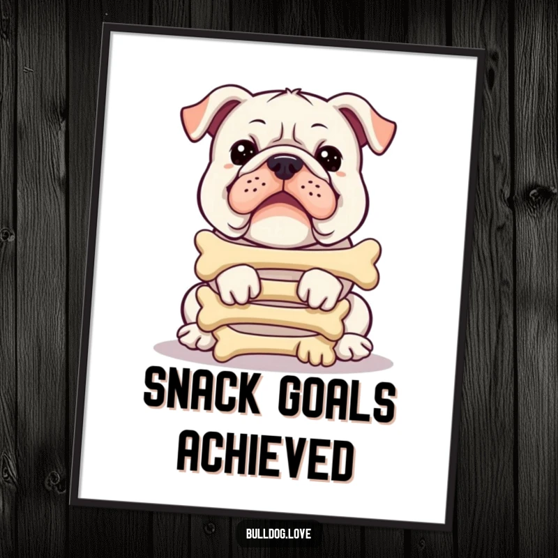 Funny bulldog poster art, balancing a comical tower of bones, expressing intense concentration, a humorous addition to any wall.