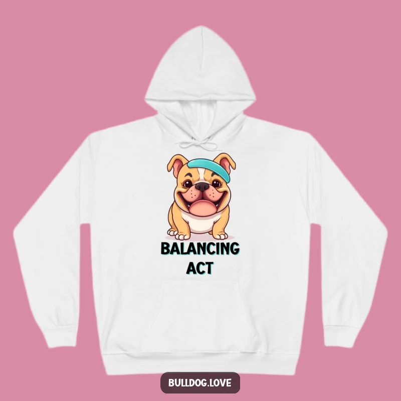 Funny Bulldog Frisbee Hoodie: Cozy Up with a Grinning Pup's Balancing Feat