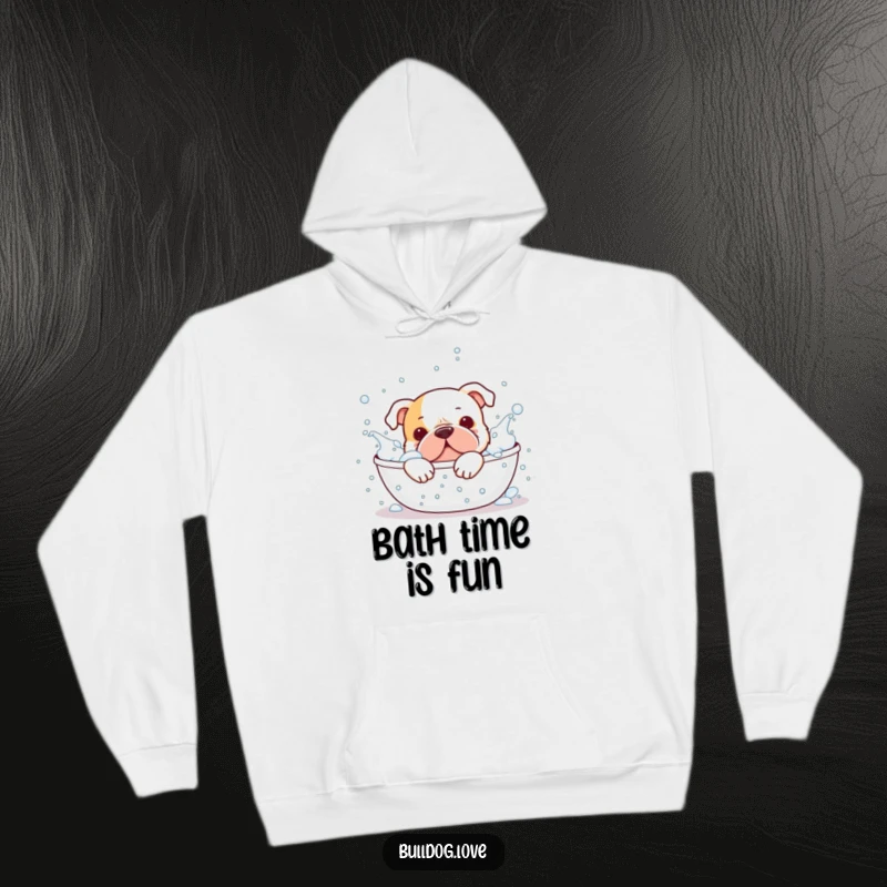 Funny bulldog hoodie, happily splashing in a bubbly bath, looking clean and content, perfect for cozy days.