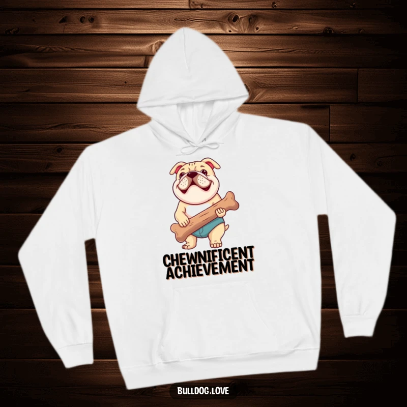Funny hoodie graphic of a bulldog beaming with pride while holding an enormous, well-loved bone, capturing a moment of pure canine triumph.