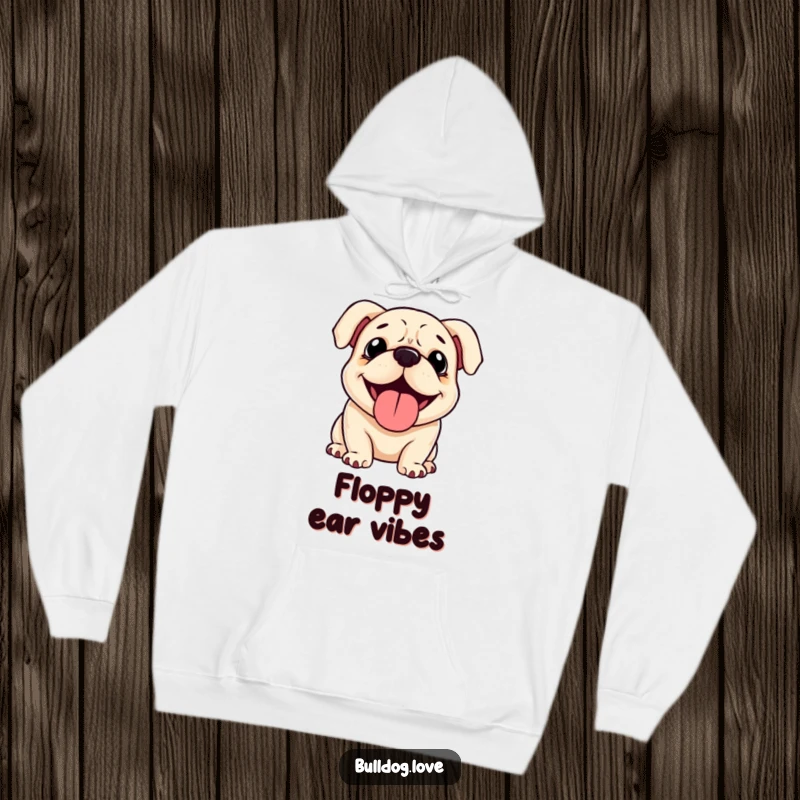 Funny Bulldog Hoodie: A soft hoodie showcasing a happy bulldog with floppy ears, panting contentedly. Great funny gift.