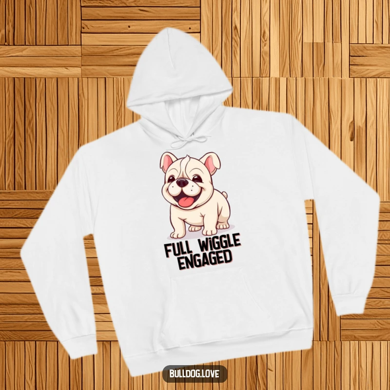 Funny Kawaii Bulldog Hoodie depicting a dog in a full, joyful wiggle, radiating happy energy and comfort.