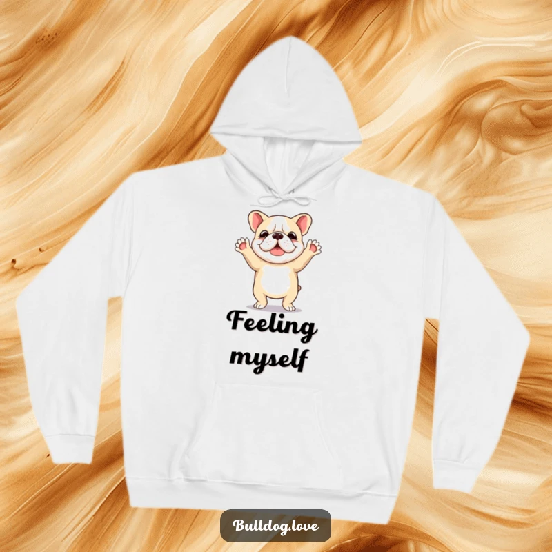 Funny hoodie showing a bulldog lost in a happy dance, with its paws triumphantly in the air, embodying pure delight.