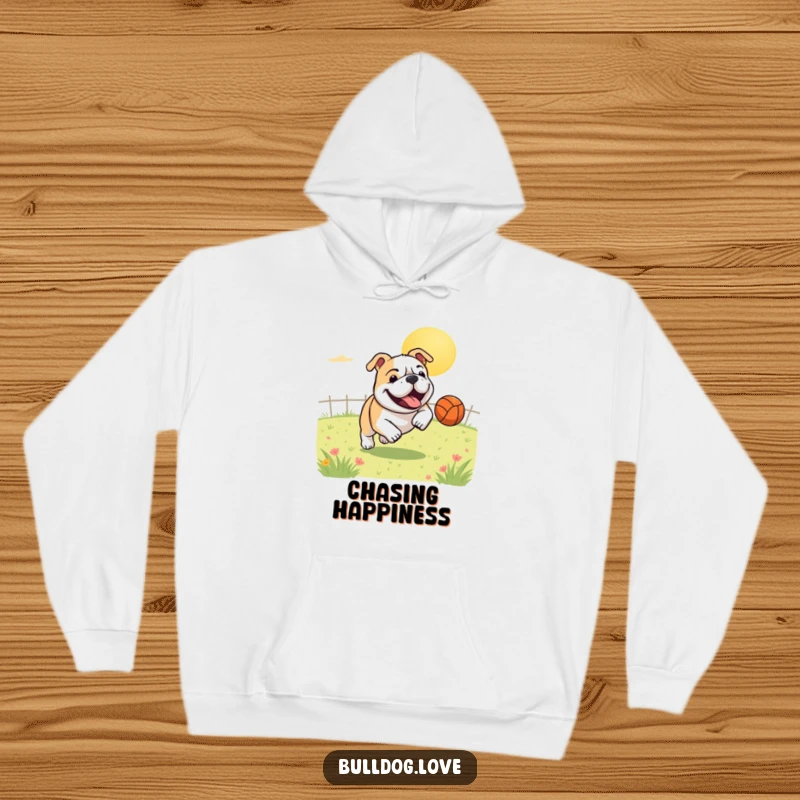Funny hoodie image of a gleeful bulldog with tongue out, enthusiastically chasing a bouncing ball across a sun-drenched field, radiating happiness.