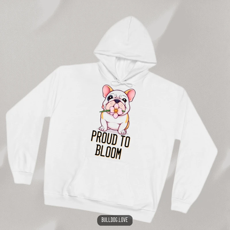 Funny Bulldog Hoodie: A proud bulldog holds a flower in its mouth, offering a sweet and cozy vibe.