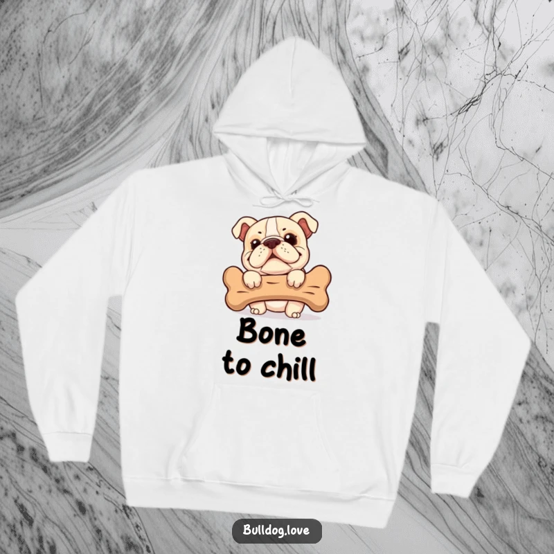 Funny Bulldog Hoodie: A smiling bulldog with a sly grin hides behind a comically large bone, bringing smiles.