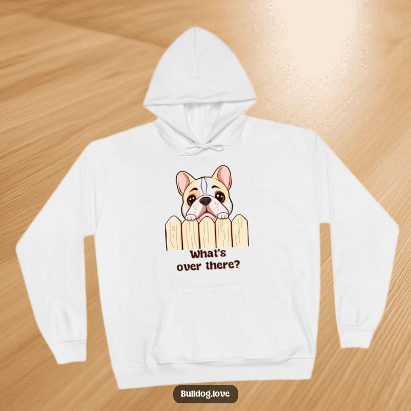Funny bulldog hoodie featuring a dog peeking over a fence with an expression of pure curiosity.