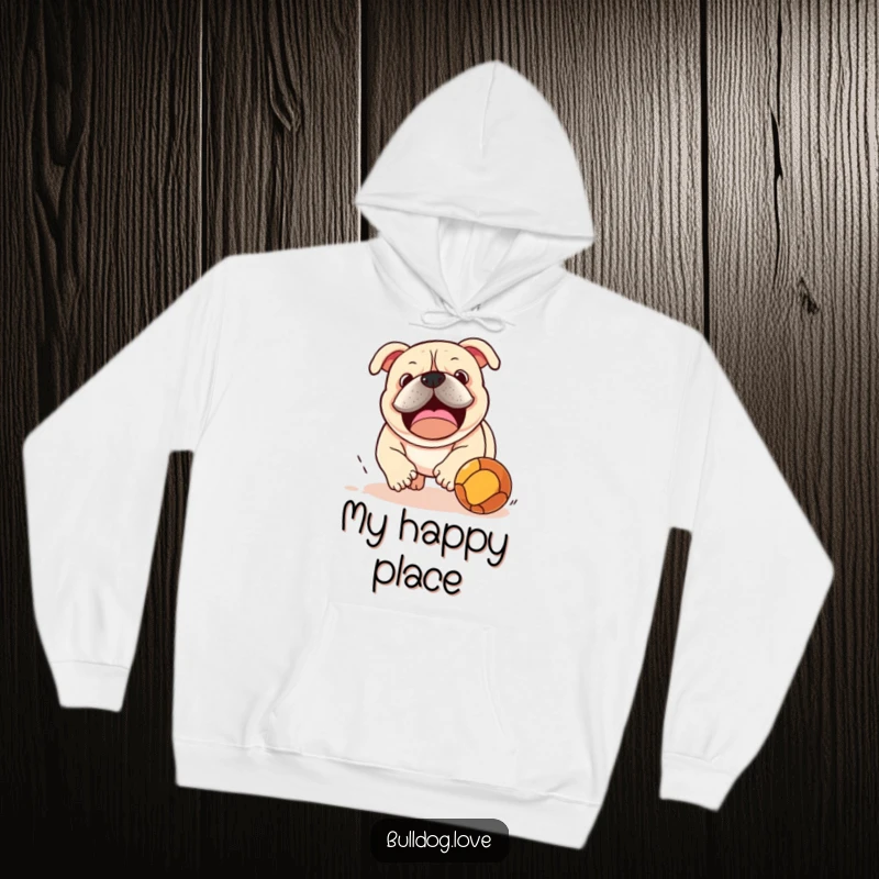 Funny bulldog energetically chasing a bouncing ball, depicted on a warm hoodie, radiating playful motion and excitement.