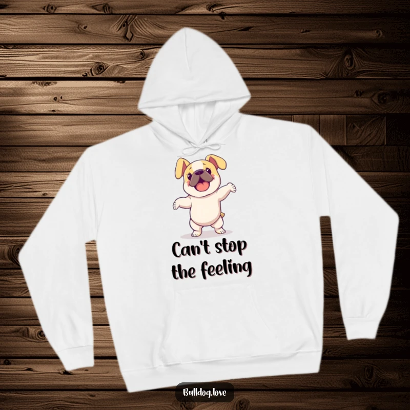 Funny bulldog with floppy ears, energetically dancing with wild enthusiasm, depicted on a warm hoodie, radiating pure joy.