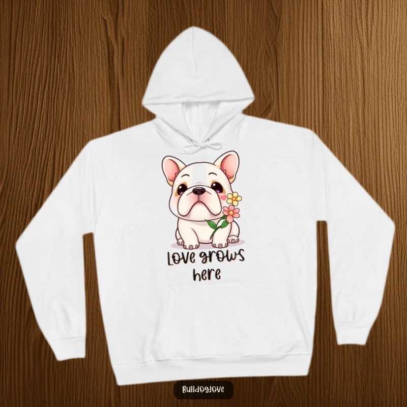 Kawaii bulldog hoodie featuring a cute dog with a gentle smile, offering a single, delicate flower.