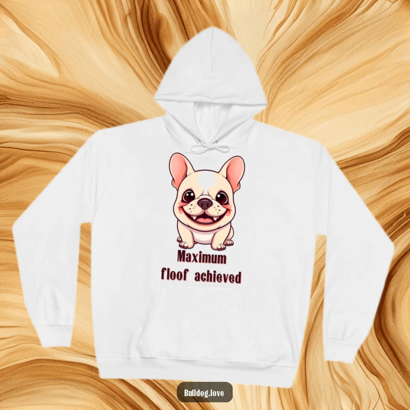 Funny Kawaii Bulldog Hoodie depicting a happy dog with a broad goofy grin and floppy ears bouncing, offering warmth and humor for bulldog lovers.