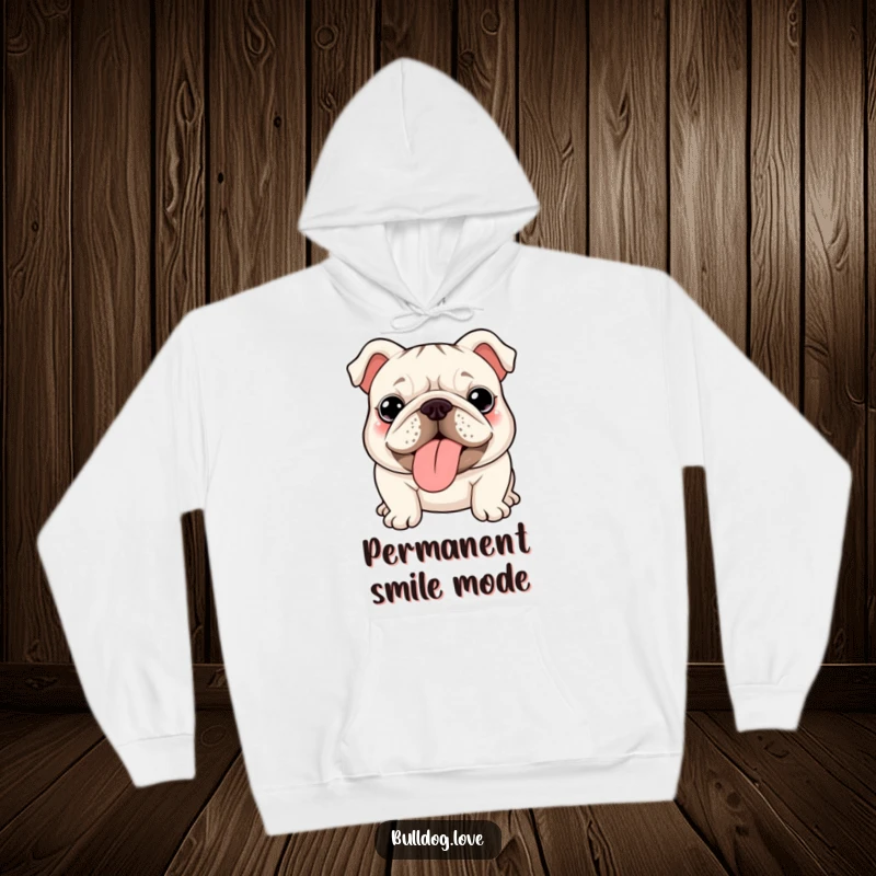 Funny kawaii bulldog hoodie, cozy and warm, with a detailed wrinkly face and tongue playfully displayed.