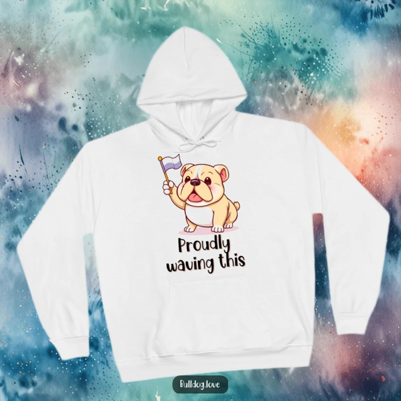 Funny bulldog hoodie featuring an excited dog enthusiastically waving a flag, embodying festive cheer and canine charm.