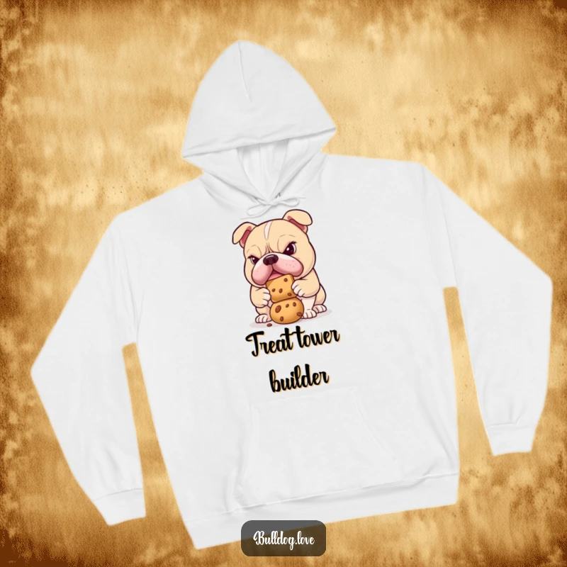 Funny bulldog hoodie featuring a determined dog concentrating hard to balance a treat, perfect for cozy contemplation.