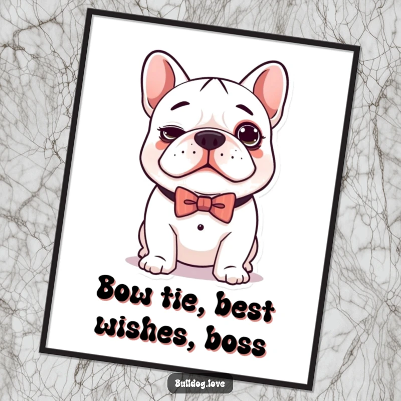 Funny Free Printable Wall Art: A super cute kawaii bulldog wearing a bow tie, sporting a wonderfully silly and endearing expression.