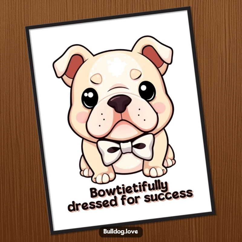 Funny free printable wall art: a bulldog wearing a tiny bowtie and a confident smirk, exuding charm.