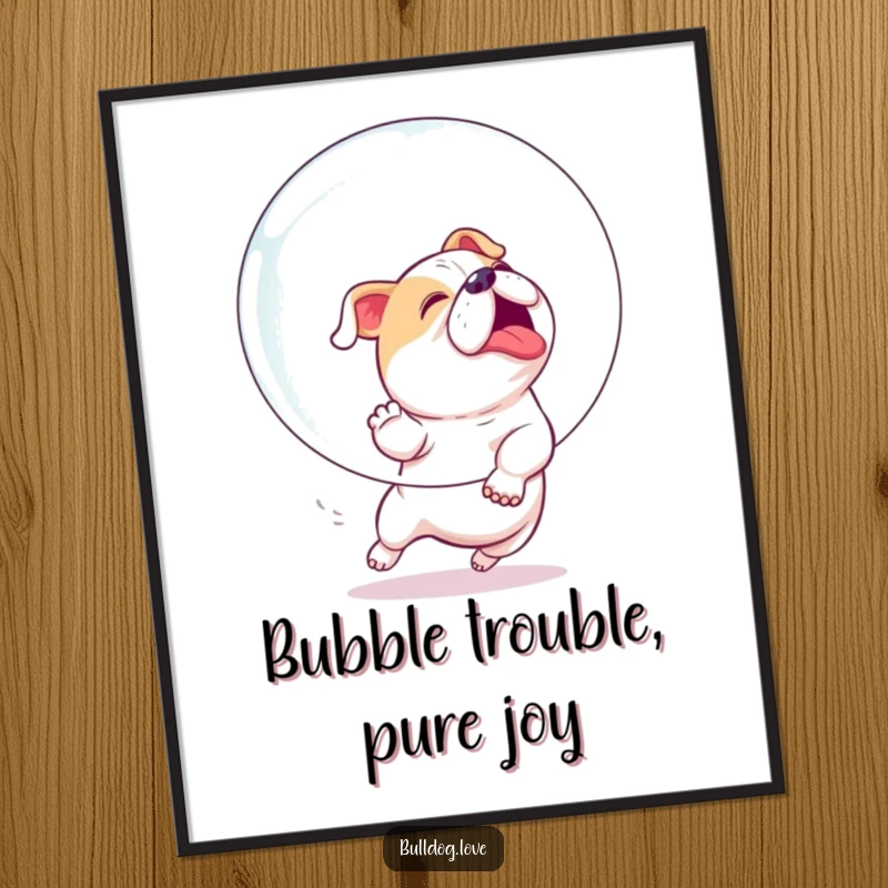 Funny Free Printable Wall Art: A determined bulldog eagerly pursuing a large, transparent bubble with playful energy and focused delight.