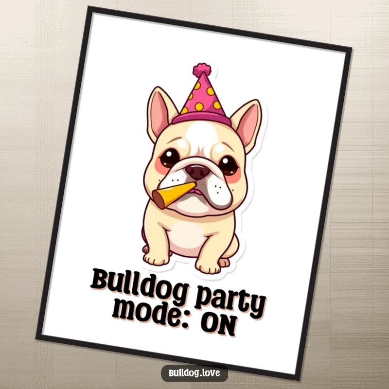 Funny Free Printable Wall Art: A joyful bulldog in a festive hat energetically blows a party horn, radiating celebration.