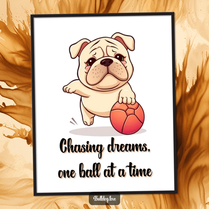 Funny Free Printable Wall Art: A stocky dog with a hilariously wrinkled face intensely chases a bright ball.