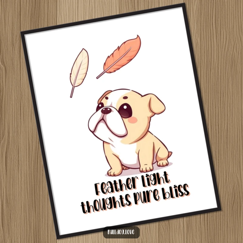 Funny free printable wall art of a bulldog looking upwards with pure adoration at a small floating feather.