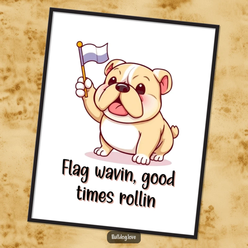 Funny Free Printable Wall Art: An excited bulldog waving a small flag, its tail wagging joyfully for a festive atmosphere.