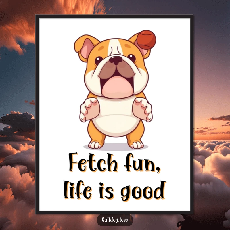 Funny Free Printable Wall Art: A bulldog with paws outstretched is poised to catch a ball.