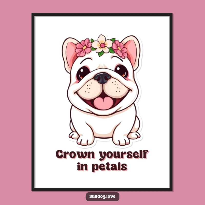 Free Printable Cheerful Bulldog Wall Art: Flower Crown Downloadable Decor