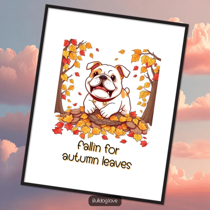 Funny Free Printable Wall Art: A happy bulldog playfully pouncing into a pile of vibrant autumn leaves, capturing seasonal fun.