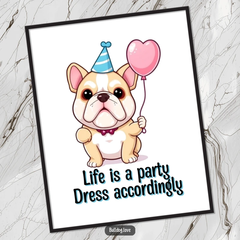 Funny Free Printable Wall Art: A bulldog wearing a party hat, happily holding a balloon, ready for a festive occasion.
