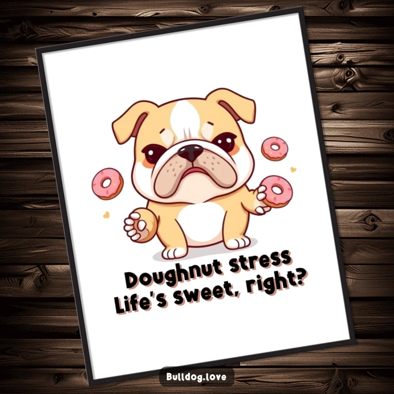 Funny Free Printable Wall Art featuring a bulldog with a furrowed brow, comically juggling tiny donuts, adding playful decor.