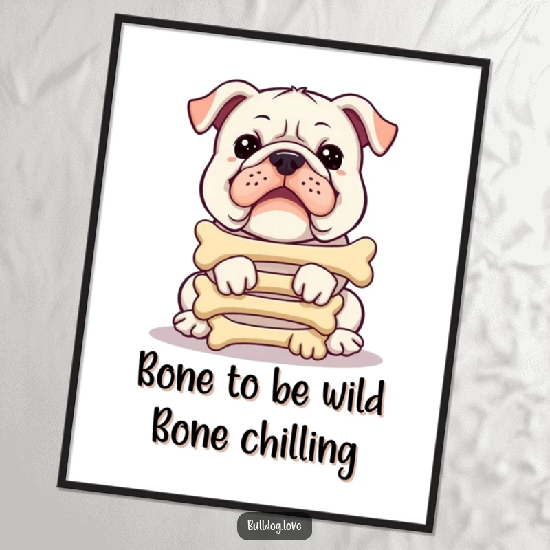 Funny free printable wall art of a determined bulldog skillfully balancing a tall stack of tasty bones.