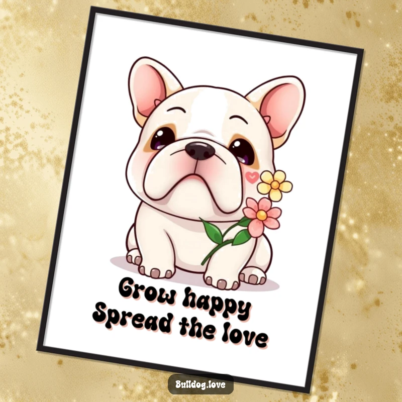 Funny Free Printable Wall Art: A kawaii bulldog with a gentle smile offers a delicate flower, bringing a peaceful vibe.