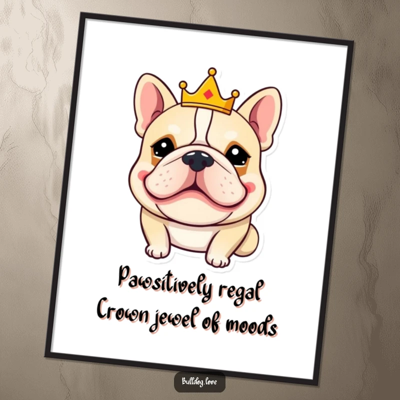 Funny Free Printable Wall Art of a goofy bulldog wearing a small crown, exuding hilarious regal charm for your decor.
