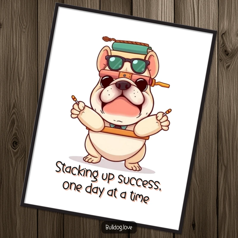Funny Free Printable Wall Art: A bulldog attempts to precariously balance an absurdly tall stack of items, looking determined.