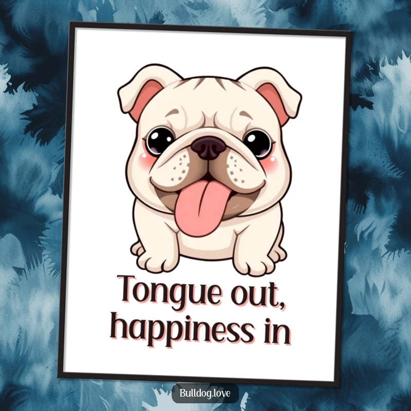 Funny Free Printable Wall Art of a cute kawaii bulldog with wrinkles, proudly showing its tongue.