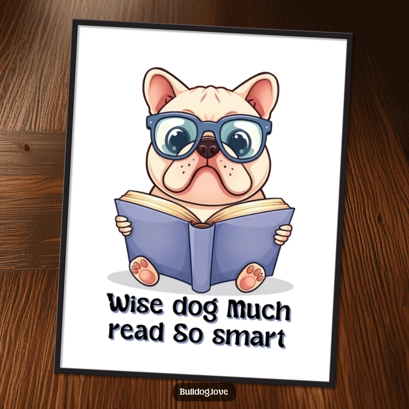 Funny Free Printable Wall Art of a bulldog with oversized glasses deeply engrossed in reading a large book, adding intellect.