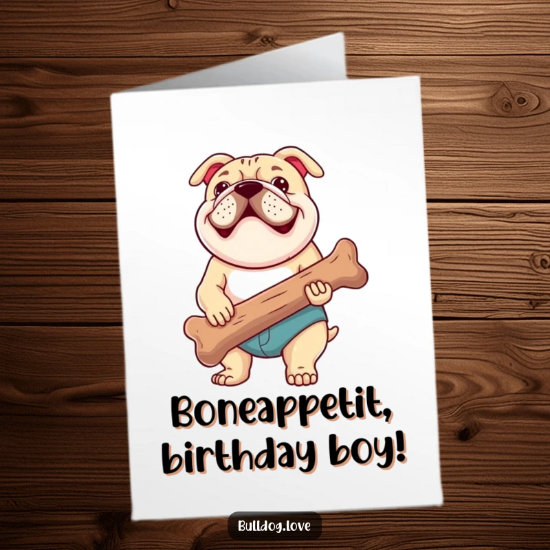 Funny free printable birthday card featuring a happy bulldog panting proudly with a giant chewed bone.